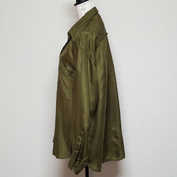 Vintage 90s IOU Silk Olive Oversized Button Up Hi-low Tunic Blouse Mini Dress M - Picture 8 of 13
